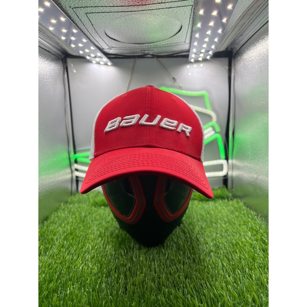 Bauer Hockey Flex Fit Hat Mens Red White Mesh Back Trucker Cap S/M